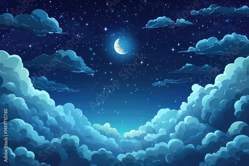 Night sky filled with clouds and stars, a crescent moon
