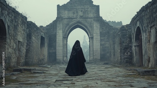 Mysterious figure in ancient stone passageway