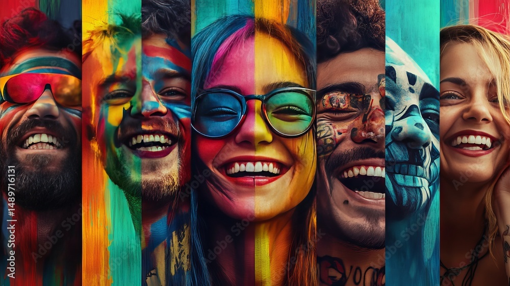 Obraz premium Happy and different people from all over the world are shown with bright and colorful backgrounds. 