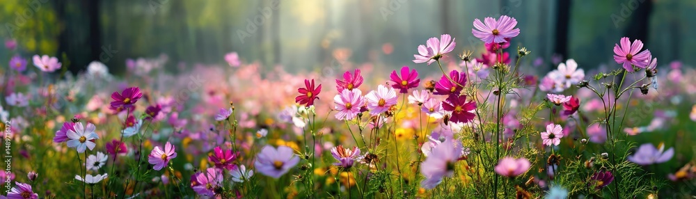 Blooming flowers in meadow with mystical nature and dreamlike gardens concept. A vibrant field of blooming flowers in soft morning light. Blooming flowers in meadow with mystical nature and dreamlike gardens concept. A vibrant field of blooming flowers in soft morning light.