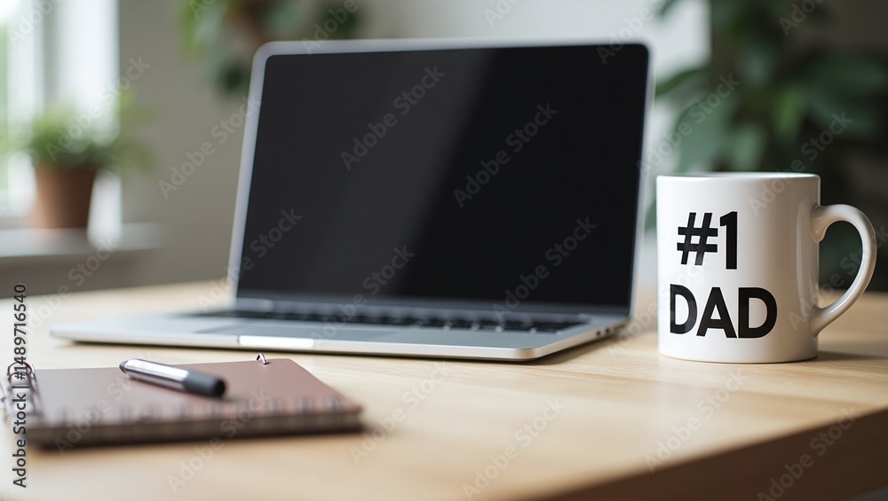 Laptop computer, coffee mug with number one Dad on desk next to notebook Laptop computer, coffee mug with number one Dad on desk next to notebook