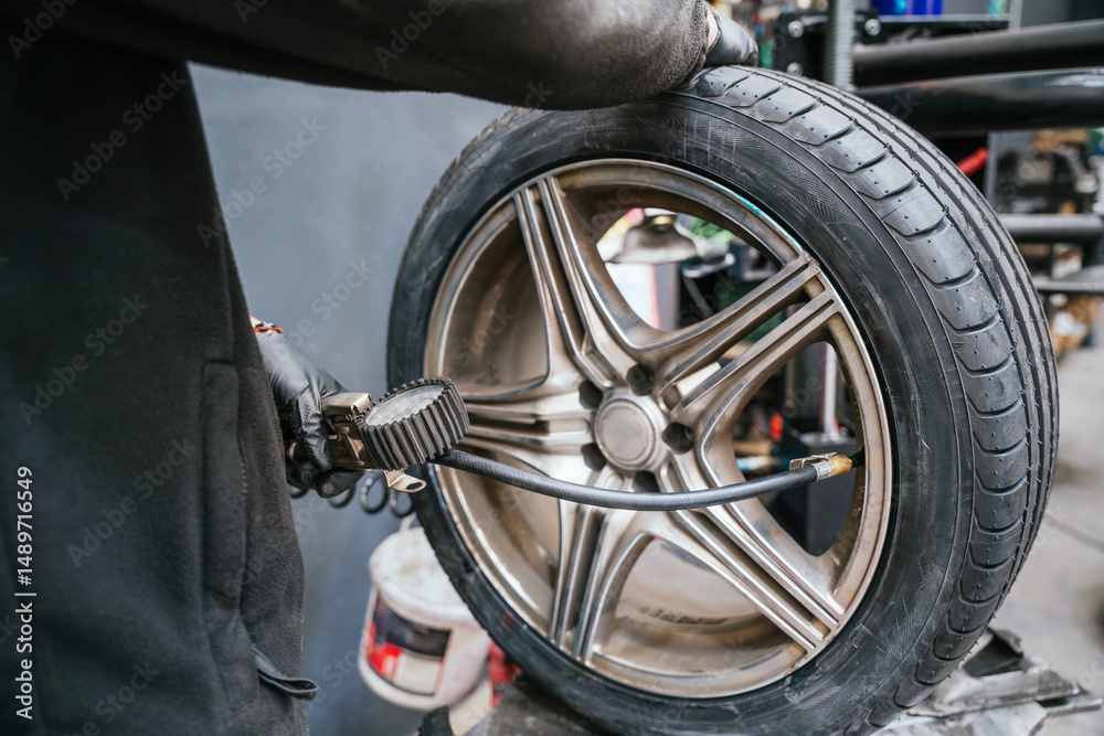 Fototapeta premium Unrecognizable mechanic inflating car tire with air pressure gauge at workshop