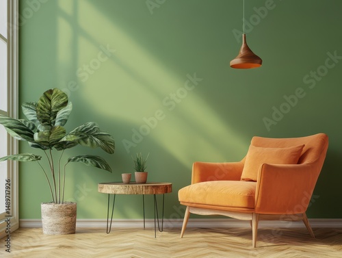 A bright orange armchair with a green background in a room