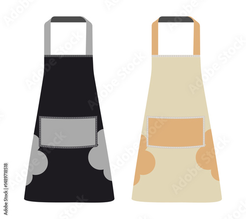 Set of black and white aprons with cloud design and front pockets isolated on white
