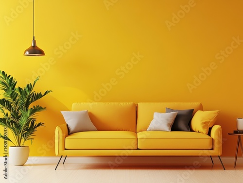A modern yellow living room with a stylish sofa