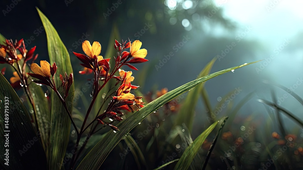 Fototapeta premium Blooming flowers in meadow with mystical tropical landscapes concept. Vibrant flowers in a misty environment evoke nature's beauty.