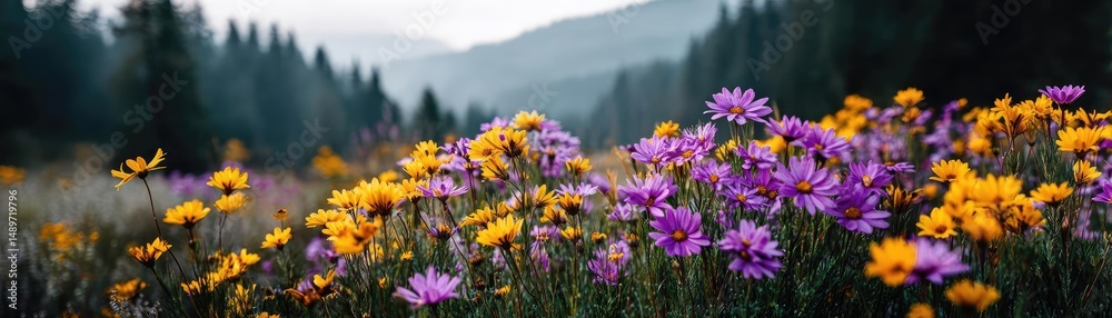 Obraz premium Blooming flowers in meadow with glowing paradise dreamlike nature concept. Vibrant wildflowers bloom in a serene mountain landscape.