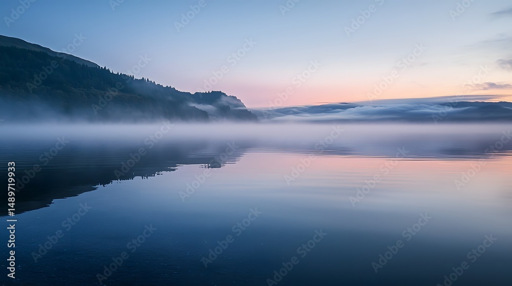 Fototapeta premium Serene Morning Mist Over Calm Lake with Reflections and Soft Light