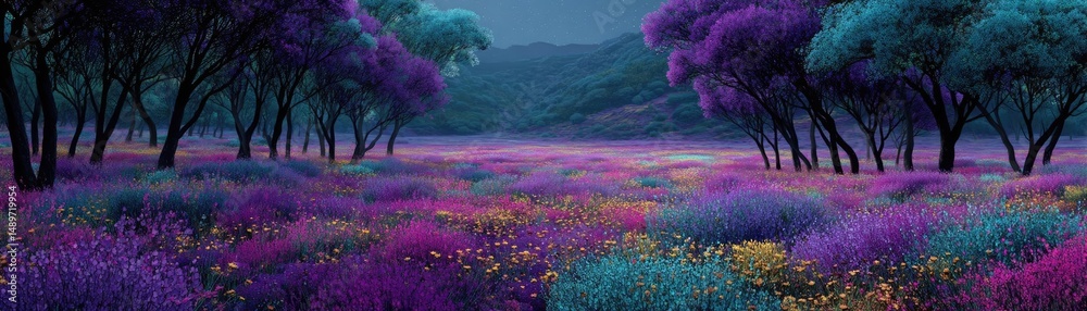 Obraz premium Blooming flowers in meadow with mystical tropical landscapes concept. Vibrant meadow filled with colorful flowers and lush purple foliage.