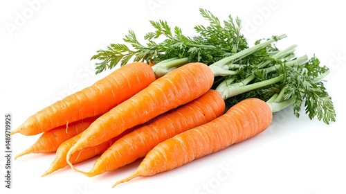 Fresh carrots a vibrant orange promise of health gathered with lush green tops against a pure white clean