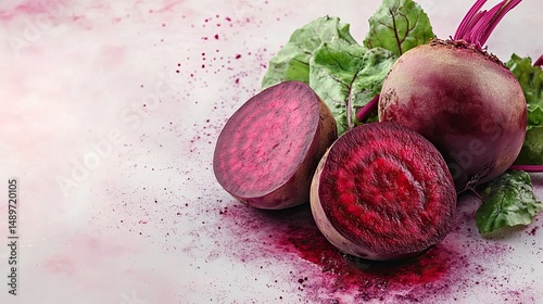 Freshly harvested beets split to reveal vibrant crimson goodness and healthy greens set against a subtle pink