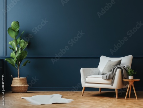 A white armchair sits next to a leafy houseplant in a room
