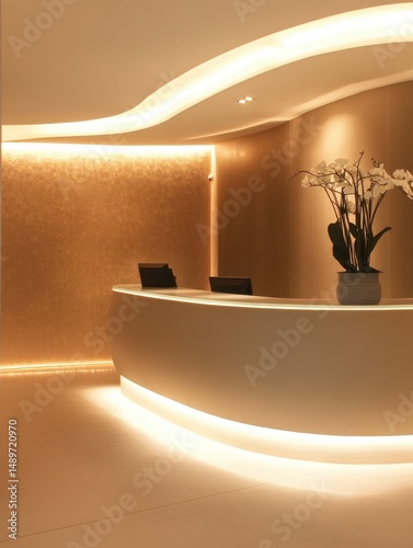 The curved modern reception desk is well illuminated and elegant