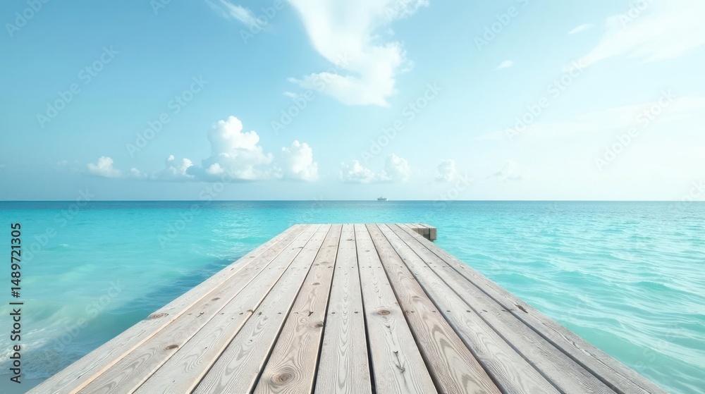 Obraz premium Serene Ocean View from a Wooden Dock Extending into Turquoise Waters Under a Bright Sky