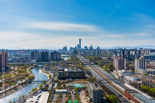 The cityscape of Beijing, China, with its towering skyscrapers and river landscapes