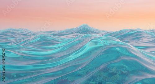 Calm turquoise ocean waves and pastel sky background illustration