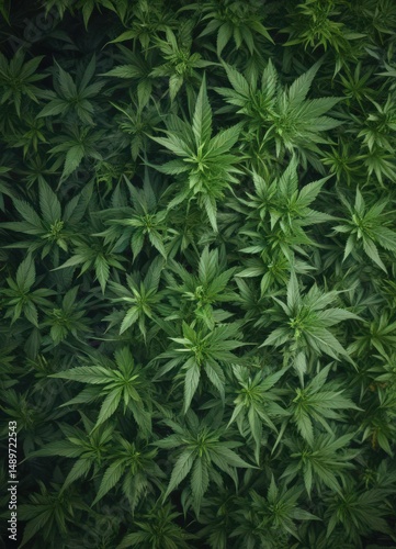 Overhead shot of vibrant green cannabis leaves, ample space ,  photography,  image,  marijuana leaf