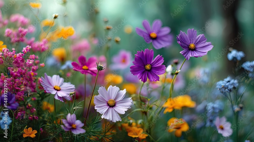 Fototapeta premium Blooming flowers in meadow with mystical nature and dreamlike gardens concept. A vibrant array of colorful flowers blooming in a lush garden.