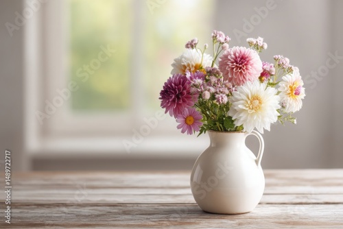 Wallpaper Mural Freshly picked flowers in a ceramic vase on a wooden table with a soft background Torontodigital.ca