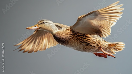 A female mallard duck wings spread wide captures the essence of freedom soaring through the calm sky in bright