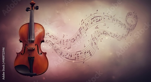 Classical brown violin with swirling musical notes illustration and composition