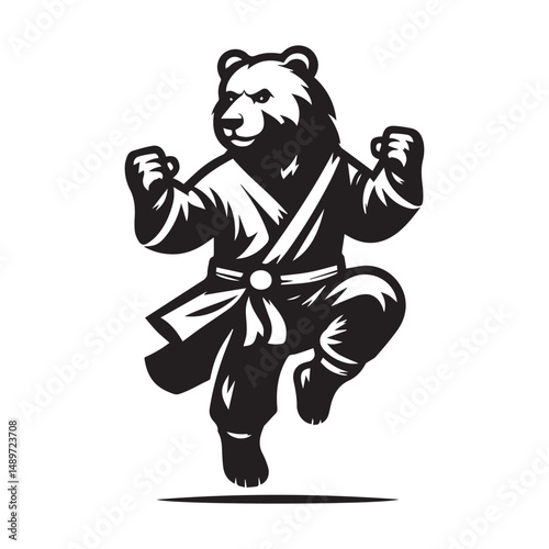 Fierce Bear in Kungfu Pose – Leaping Animal Fighter Logo Vector
