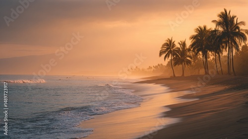 Sunset illuminates palm trees along a serene beach with gentle waves on the shore