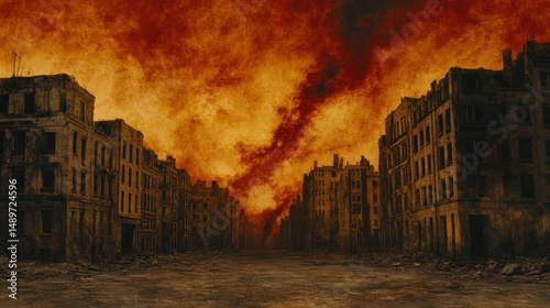 Fiery cityscape destruction digital illustration apocalyptic ruins dark orange sky