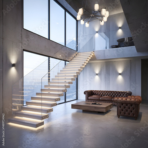 The minimalist luxury interior features illuminated floating stairs, blending with contemporary architecture that offers stunning mountain views.