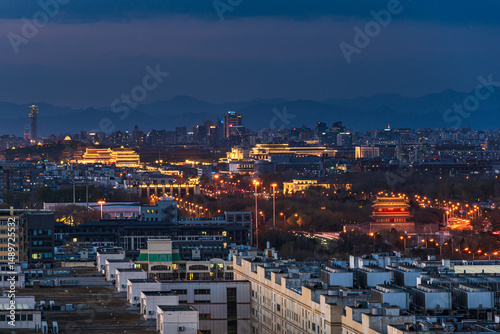 The scenery of ancient and modern architecture in Beijing, China under the night