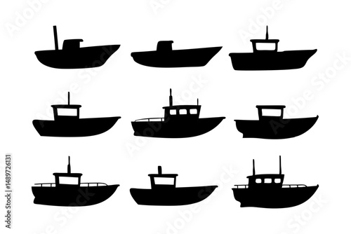 Black Fishing Boat with Cabin and Mast Icon Vector Illustration