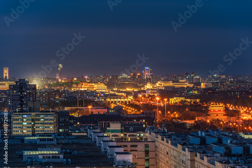 The scenery of ancient and modern architecture in Beijing, China under the night