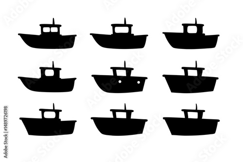 Black Fishing Boat with Cabin and Mast Icon Vector Illustration