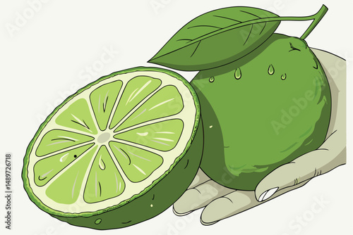 58 a vibrant, lush green fruit, a freshly picked lime, held in a human hand, with water droplets and a leaf, a close-up photograph, hyper-realistic, detailed, high resolution, 8k