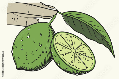 58 a vibrant, lush green fruit, a freshly picked lime, held in a human hand, with water droplets and a leaf, a close-up photograph, hyper-realistic, detailed, high resolution, 8k