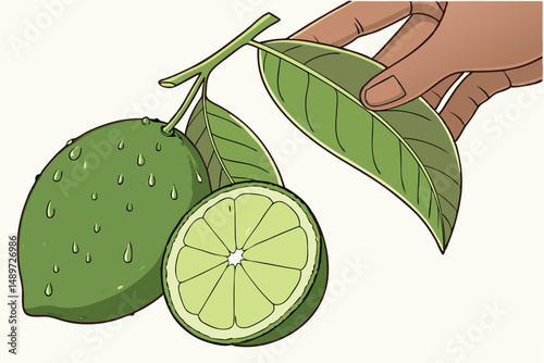 58 a vibrant, lush green fruit, a freshly picked lime, held in a human hand, with water droplets and a leaf, a close-up photograph, hyper-realistic, detailed, high resolution, 8k