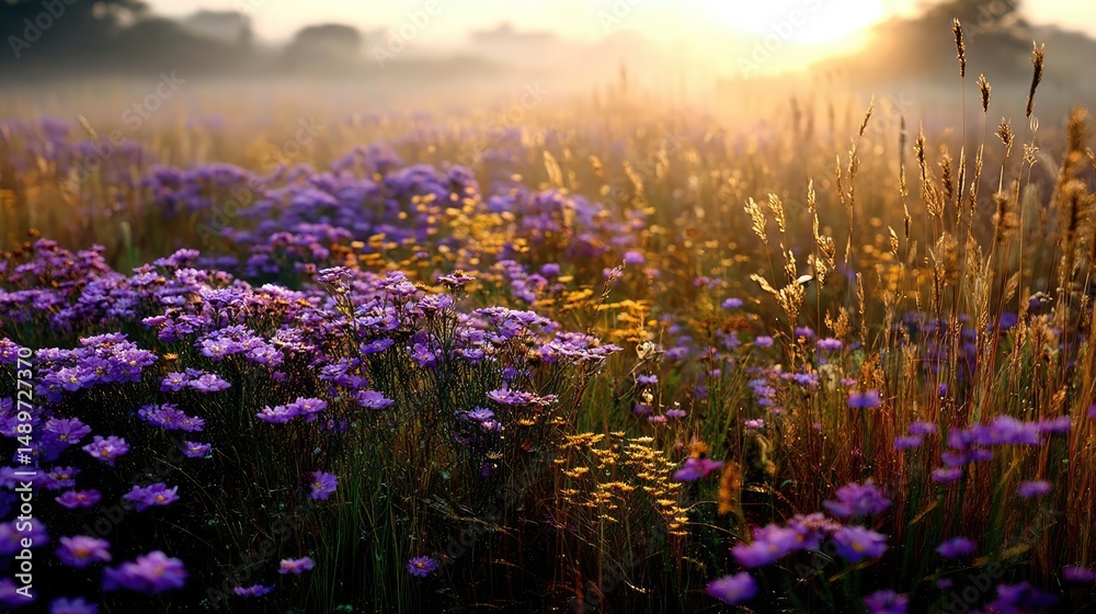 Naklejka premium Blooming flowers in meadow with glowing paradise dreamlike nature concept. A vibrant field of purple flowers illuminated by the sunrise.