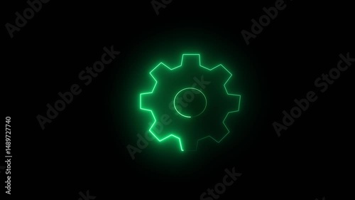 NEON Intentional distortion glitch effect: icon of a deep green gear, creativity, work, industry. glowing neon red color setting animation icon on black background
