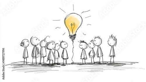 Stick Figure Team Brainstorming Around Table – Minimalist Business Sketch