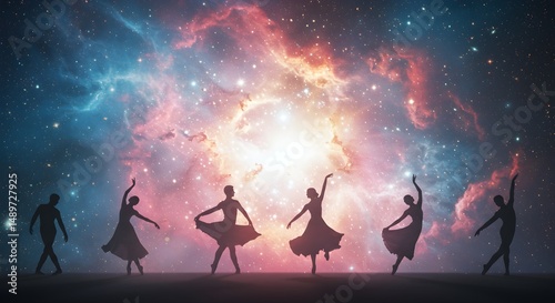 Ethereal dancers silhouette against vibrant cosmic nebula universe background
