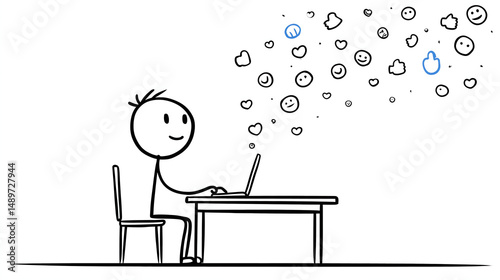 Stick Figure Scheduling Marketing Emails on Laptop – Line Art Illustration

