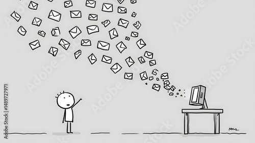 Stick Figure Scheduling Marketing Emails on Laptop – Line Art Illustration

