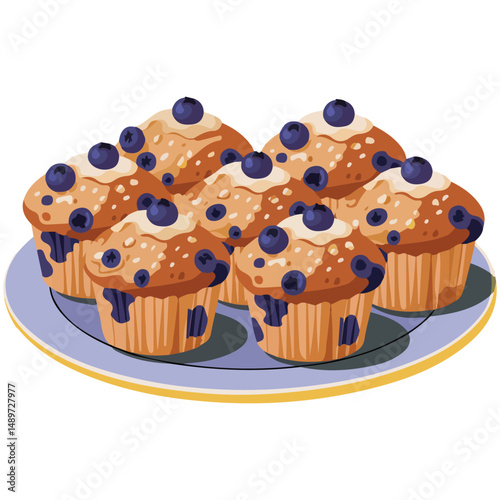 Warm baked muffins with juicy blueberries isolated vector illustration on white background