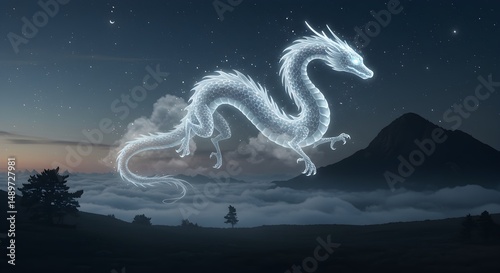 Ethereal dragon soaring above misty hills at dusk in fantasy setting
