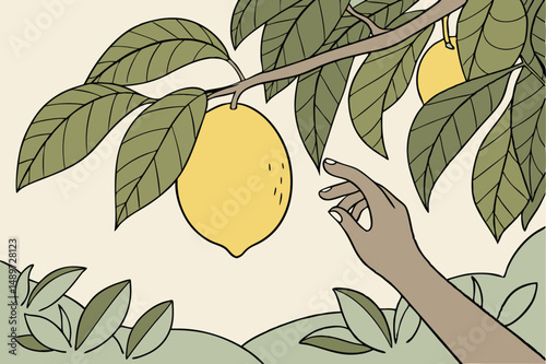 59 a ripe, freshly picked lemon held in an outstretched hand, surrounded by green leaves, natural lighting, high detail, realistic, 8k