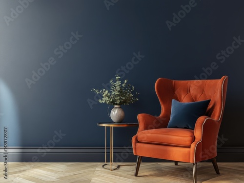 Interior scene of an orange chair with blue pillow and plants