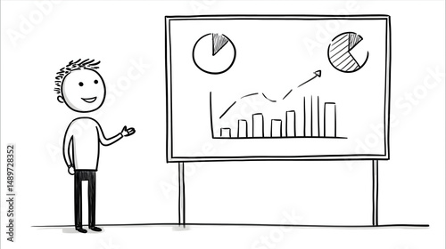 Stick Figure Presenting Marketing Campaign Results on Flip Chart – Line Art