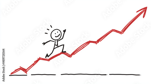 Stick Figure Climbing Rising Arrow – Marketing Growth and Success Concept Line Art

