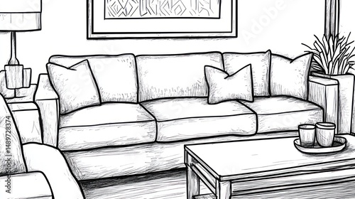 Living room sofa, coffee table, plants; interior design sketch photo