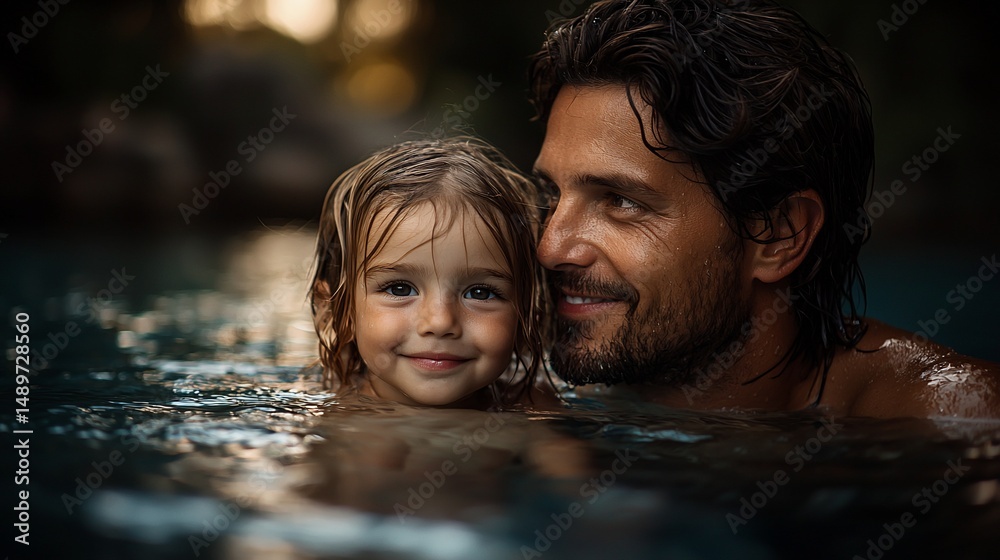 Father and child in pool, enjoying moment Father and child in pool, enjoying moment